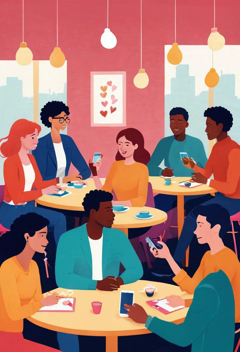 An illustration of a diverse group of people interacting in a vibrant, modern café, showcasing various dating scenarios like playful flirting, deep conversations, and exchanging contact information. The warm ambiance reflects contemporary dating trends, with subtle hints of technology like smartphones and dating apps visible. Include elements symbolizing lasting connections like hearts, keys, or intertwined hands in a joyful atmosphere. colorful and inviting. vector art.