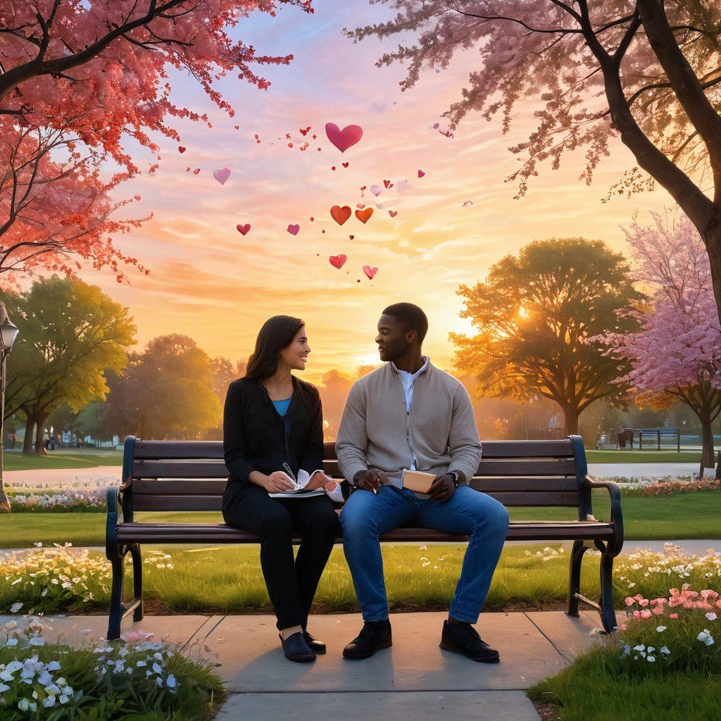 A serene couple sitting on a park bench, sharing heartfelt conversations, surrounded by blooming flowers symbolizing love and growth. Wisps of colorful hearts float around them, representing emotional intelligence. In the background, a gentle sunset paints the sky in warm hues, enhancing the romantic atmosphere. The scene captures the essence of connection and understanding in relationships. super-realistic. vibrant colors. peaceful setting.
