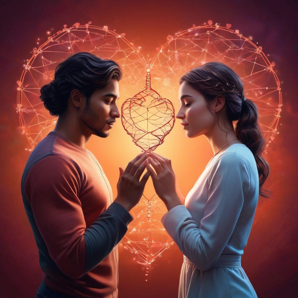 A warm and cozy scene depicting two people engaged in an intimate conversation, surrounded by symbols of affection like heart shapes and intertwined hands, with a backdrop of scientific elements like DNA strands and neural connections. The setting should exude a comforting atmosphere that showcases emotional connection, inviting warmth, and the exploration of love languages. super-realistic. vibrant colors. soft-focus background.